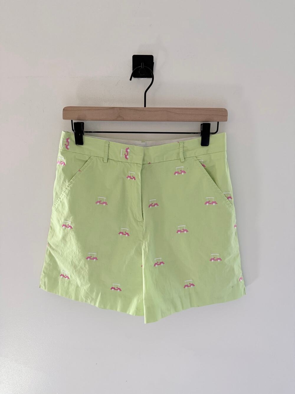 Vintage Lilly Pulitzer Bermuda Shorts Green Pink Embroidered Gold Carts-Size 6